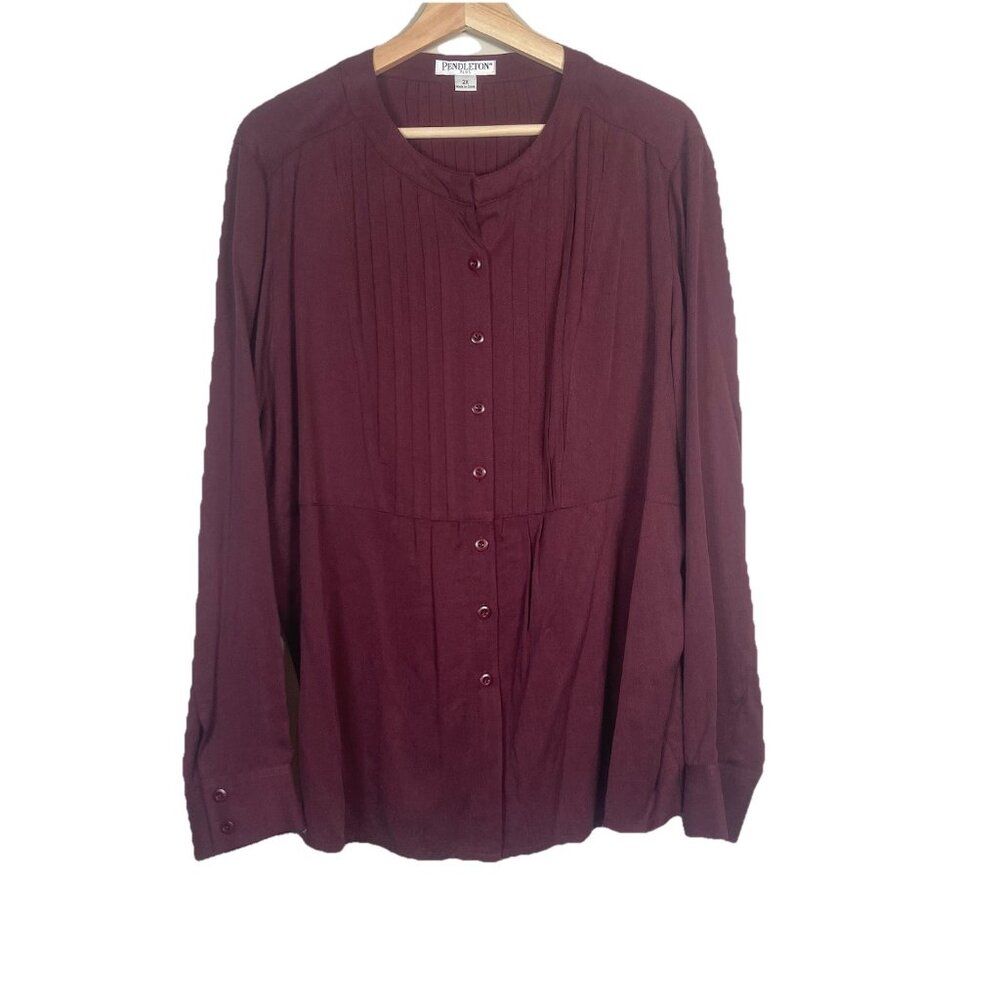 Pendleton Women’s 2X Shirt Long‎ Sleeve Burgundy Button Up Blouse Pintuck NWT
